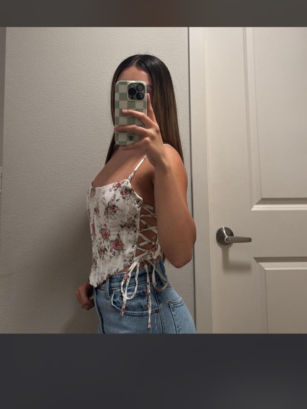 Floral Lace-Up Cami Top in White